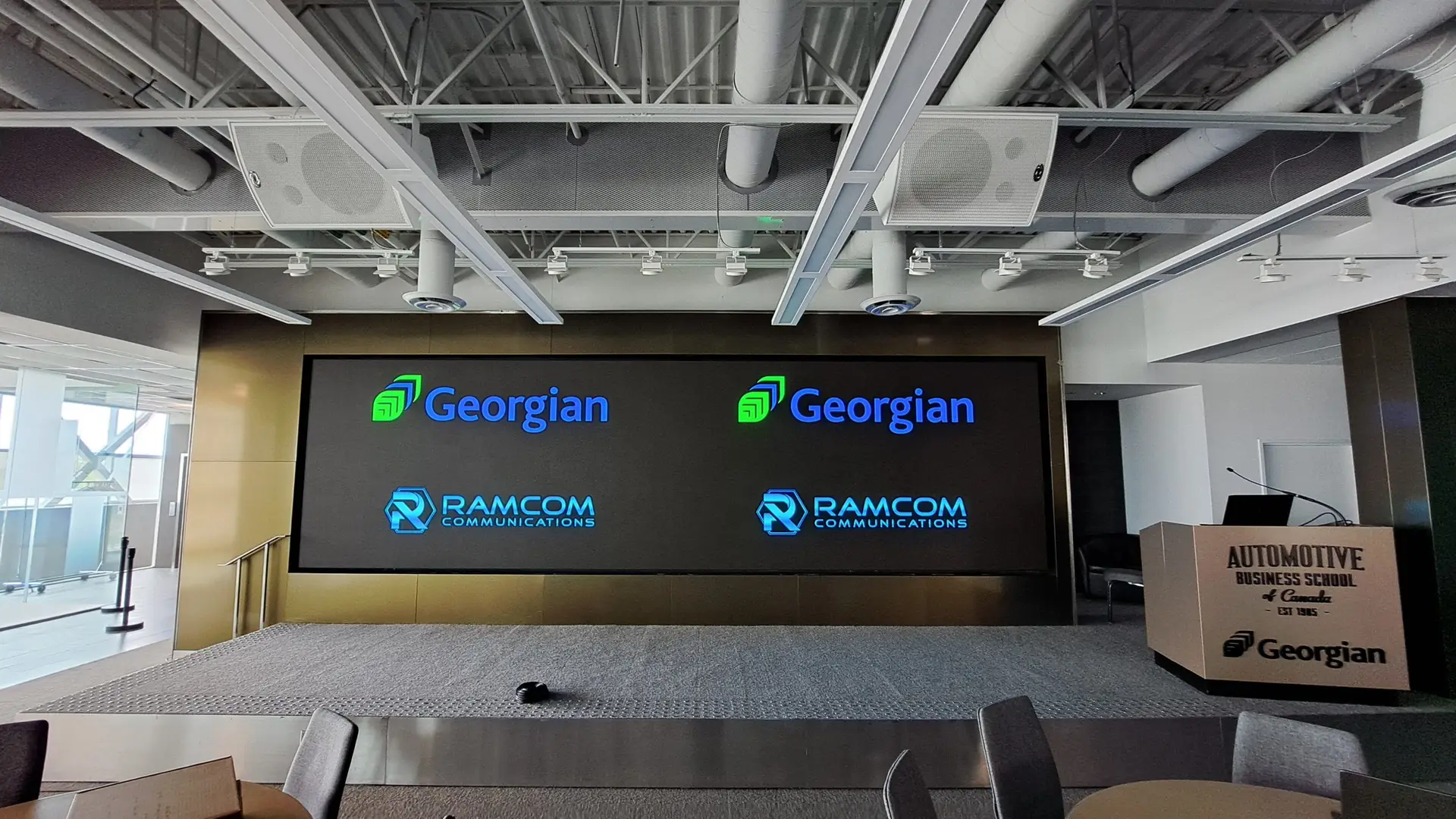 Precise DVLED cabinet alignment and Crestron integration for Georgian College education AV solutions.